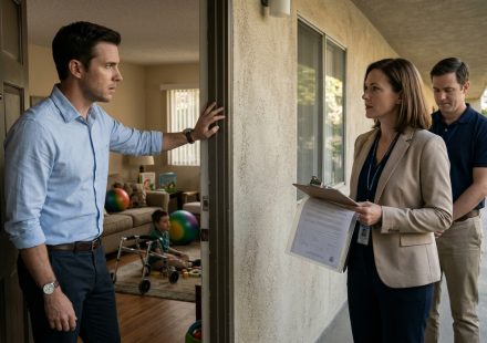 A concerned uncle stands at his apartment doorway speaking with a Child Protective Services caseworker holding official paperwork, while his young nephew remains safely inside.