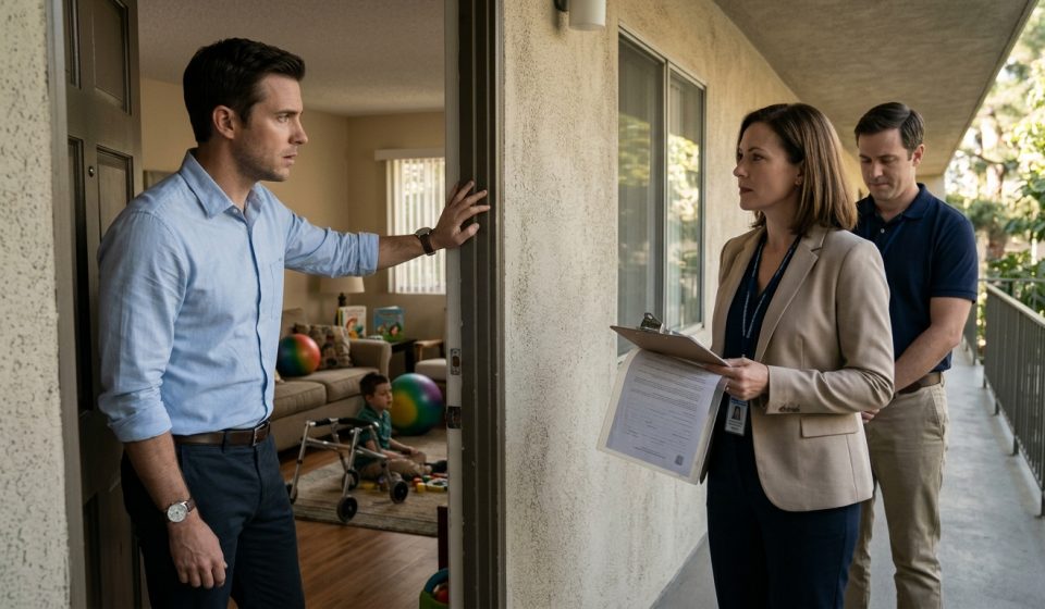 A concerned uncle stands at his apartment doorway speaking with a Child Protective Services caseworker holding official paperwork, while his young nephew remains safely inside.
