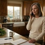 A 61-year-old woman standing calmly in her kitchen with a phone to her ear and a Christmas shopping list on the counter.