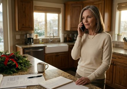 A 61-year-old woman standing calmly in her kitchen with a phone to her ear and a Christmas shopping list on the counter.