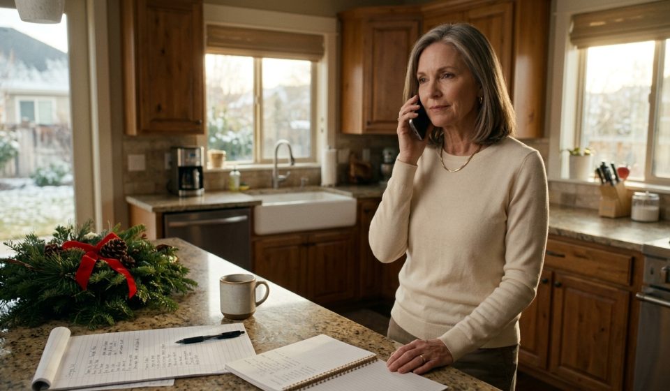 A 61-year-old woman standing calmly in her kitchen with a phone to her ear and a Christmas shopping list on the counter.