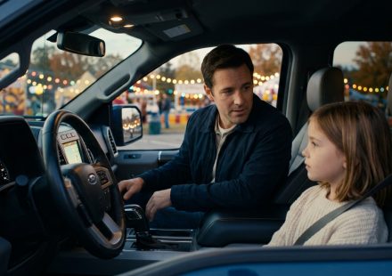 A concerned father looks toward his frightened seven-year-old daughter inside a parked pickup truck, with a school carnival glowing in the background.