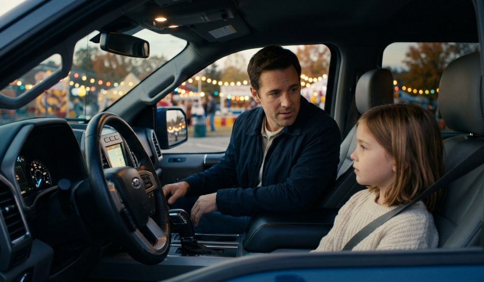 A concerned father looks toward his frightened seven-year-old daughter inside a parked pickup truck, with a school carnival glowing in the background.