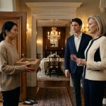 A young woman in a thrifted sweater holds grocery-store cupcakes while her wealthy future mother-in-law judges her appearance inside an elegant Boston townhouse.