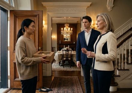A young woman in a thrifted sweater holds grocery-store cupcakes while her wealthy future mother-in-law judges her appearance inside an elegant Boston townhouse.