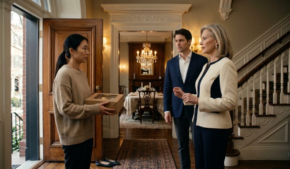 A young woman in a thrifted sweater holds grocery-store cupcakes while her wealthy future mother-in-law judges her appearance inside an elegant Boston townhouse.