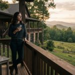 Woman standing at her mountain home after she bought the cabin alone and received an unexpected call from her brother