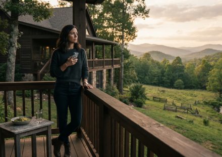 Woman standing at her mountain home after she bought the cabin alone and received an unexpected call from her brother