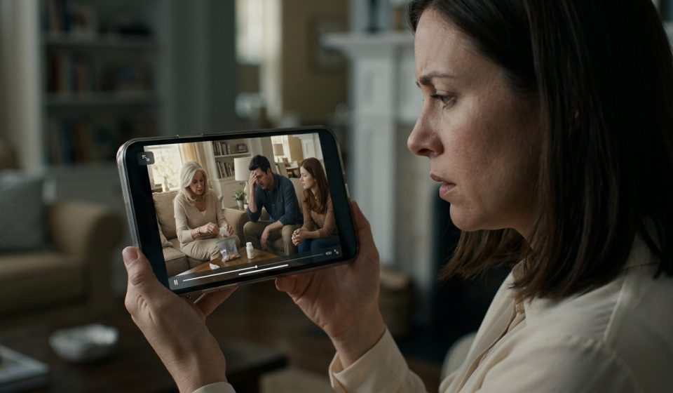 A shocked woman checking nanny-camera footage on her smartphone and discovering her mother-in-law handling a supplement bottle in the family living room.