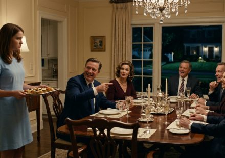 An eighteen-year-old woman holding a tray of appetizers while her parents and their guests laugh at her during an elegant family dinner party.