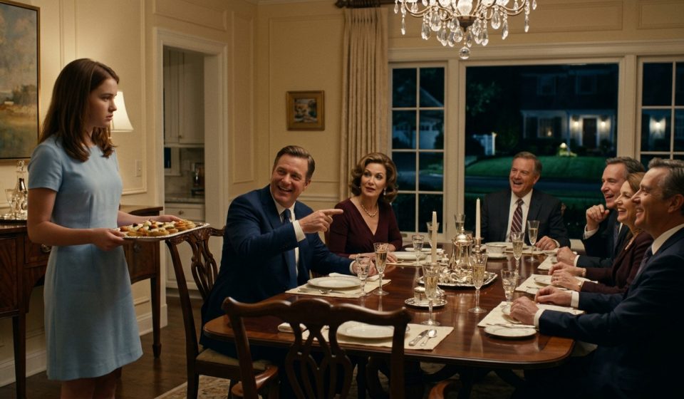 An eighteen-year-old woman holding a tray of appetizers while her parents and their guests laugh at her during an elegant family dinner party.