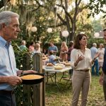 A seventy-six-year-old father holding a skillet of homemade cornbread stands beside a backyard fence, overhearing his daughter-in-law speaking to his smiling son.