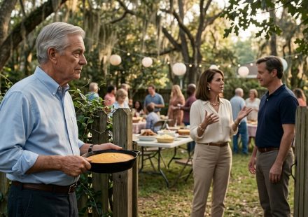 A seventy-six-year-old father holding a skillet of homemade cornbread stands beside a backyard fence, overhearing his daughter-in-law speaking to his smiling son.