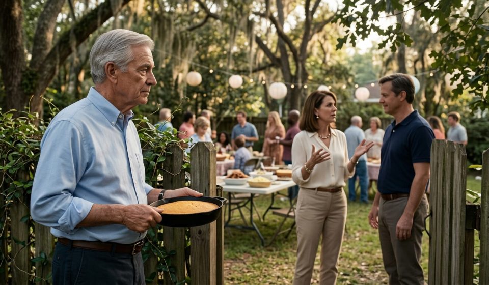 A seventy-six-year-old father holding a skillet of homemade cornbread stands beside a backyard fence, overhearing his daughter-in-law speaking to his smiling son.