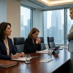 A senior female technology executive confronts her ambitious niece in a luxurious corporate boardroom while her nervous sister and a business negotiator watch.