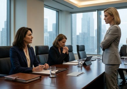 A senior female technology executive confronts her ambitious niece in a luxurious corporate boardroom while her nervous sister and a business negotiator watch.