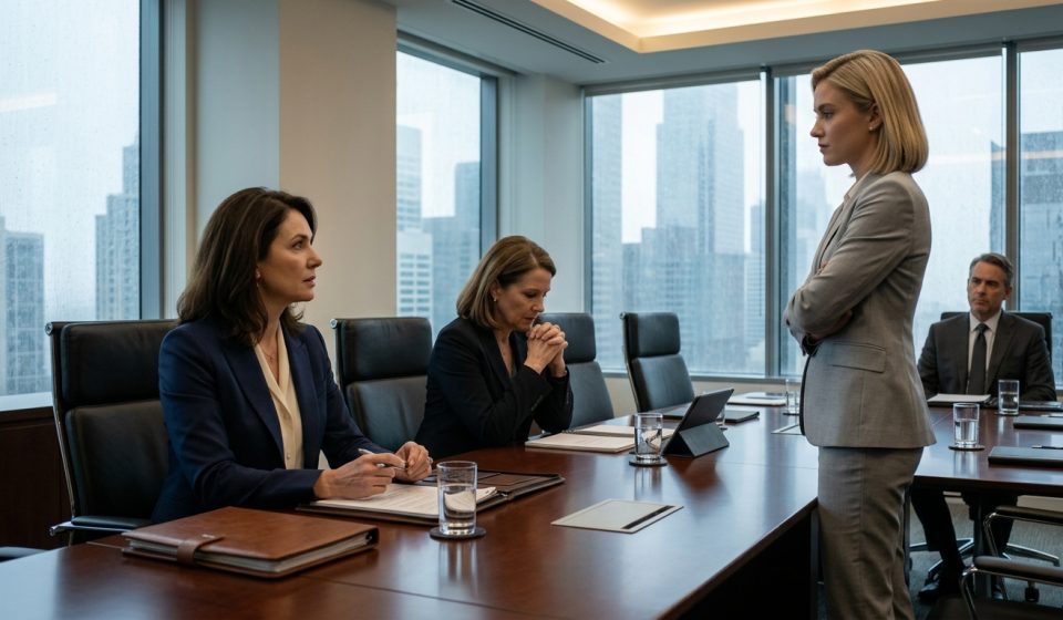 A senior female technology executive confronts her ambitious niece in a luxurious corporate boardroom while her nervous sister and a business negotiator watch.