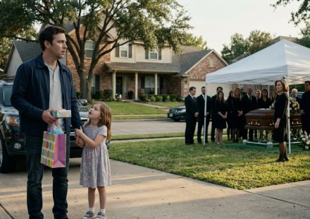 A shocked father holding gifts stands beside his frightened six-year-old daughter outside their family home, where a funeral for his wife is taking place.