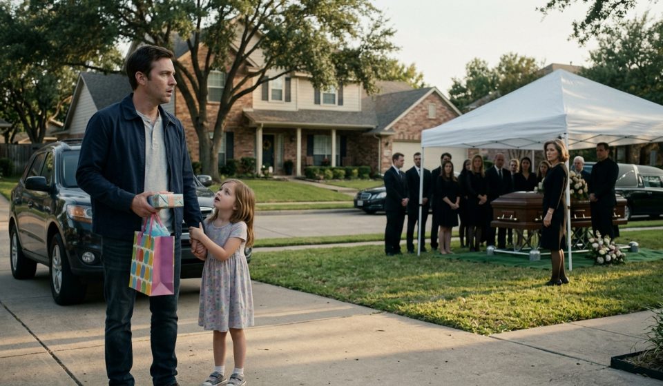 A shocked father holding gifts stands beside his frightened six-year-old daughter outside their family home, where a funeral for his wife is taking place.