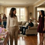 A shocked mother stands beside birthday balloons in her living room as her younger sister and ex-husband announce their engagement plans while her six-year-old daughter looks disappointed.