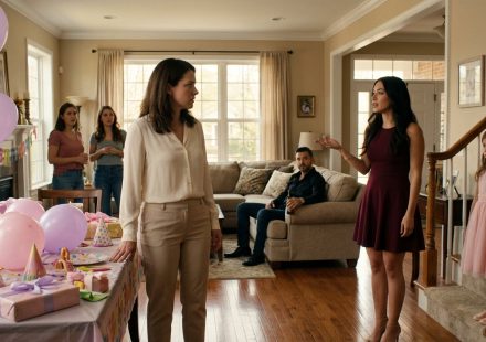 A shocked mother stands beside birthday balloons in her living room as her younger sister and ex-husband announce their engagement plans while her six-year-old daughter looks disappointed.