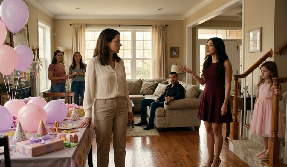 A shocked mother stands beside birthday balloons in her living room as her younger sister and ex-husband announce their engagement plans while her six-year-old daughter looks disappointed.
