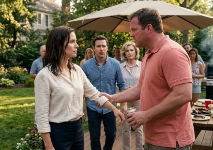 An athletic woman with beer-soaked hair and a wet blouse stands on a backyard patio while her angry brother-in-law grips her wrist during a family barbecue.