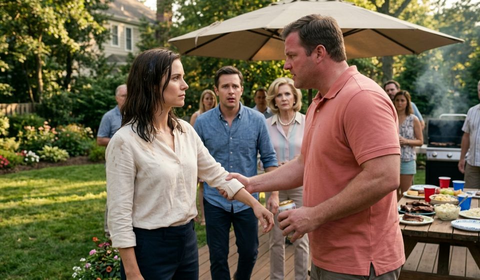 An athletic woman with beer-soaked hair and a wet blouse stands on a backyard patio while her angry brother-in-law grips her wrist during a family barbecue.