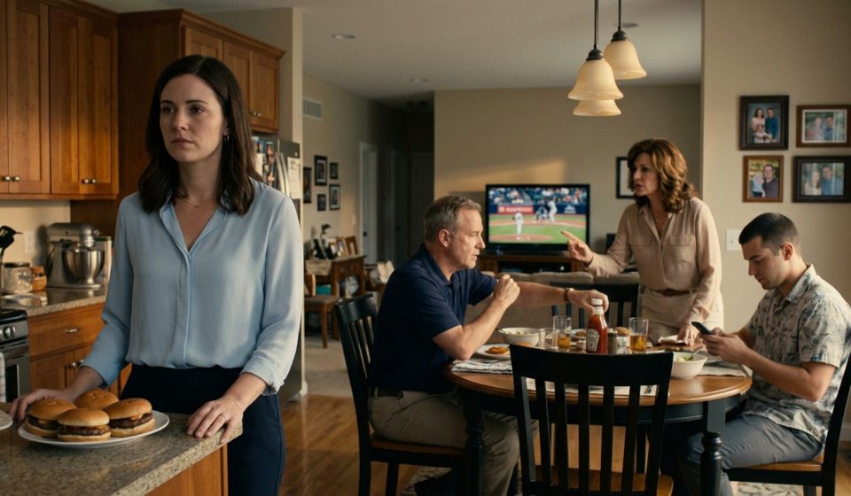 A disappointed young woman stands in her family kitchen while her parents ignore her career announcement and focus on her brother.