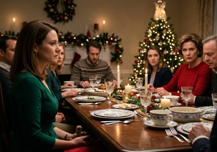 A shocked young woman in a green dress standing beside a Christmas dinner table while her mother in a red sweater criticizes her in front of the family.