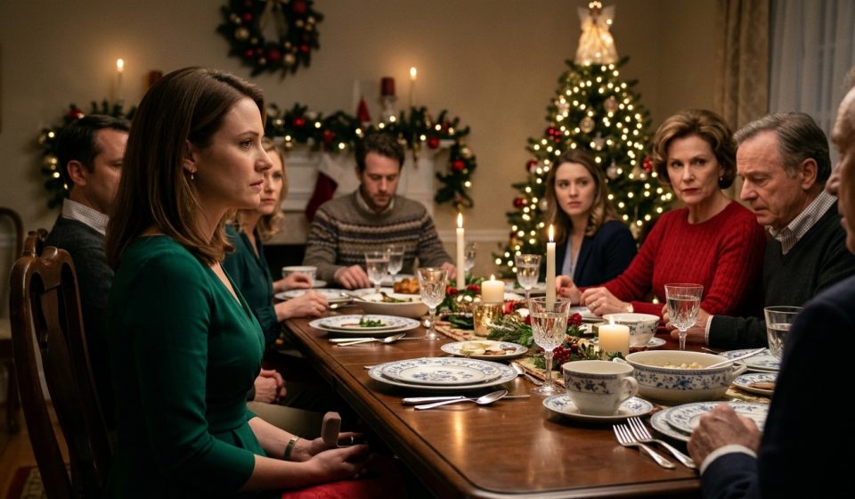 A shocked young woman in a green dress standing beside a Christmas dinner table while her mother in a red sweater criticizes her in front of the family.