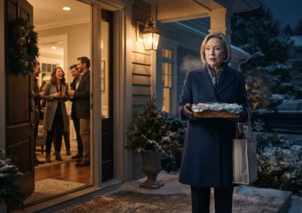 Older mother carrying homemade baked ziti outside her daughter's lavish housewarming party on a cold winter evening.