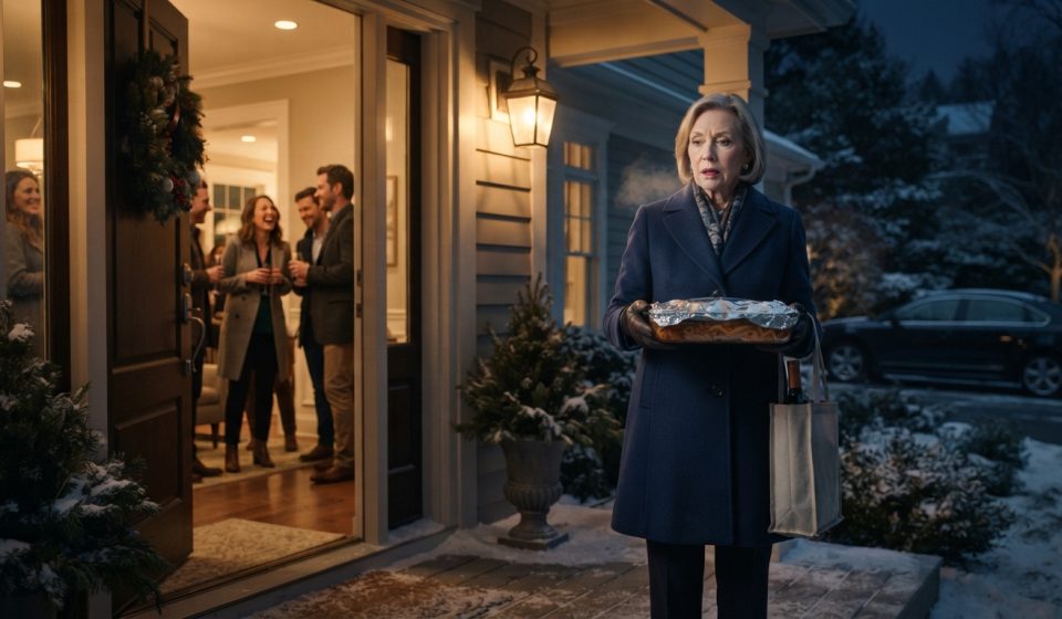 Older mother carrying homemade baked ziti outside her daughter's lavish housewarming party on a cold winter evening.