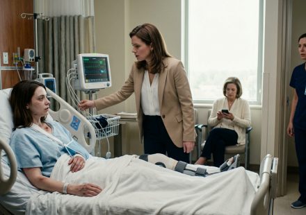 An injured woman lies in a hospital bed as her sister disconnects the bedside monitor, while a concerned nurse witnesses the incident from the doorway.