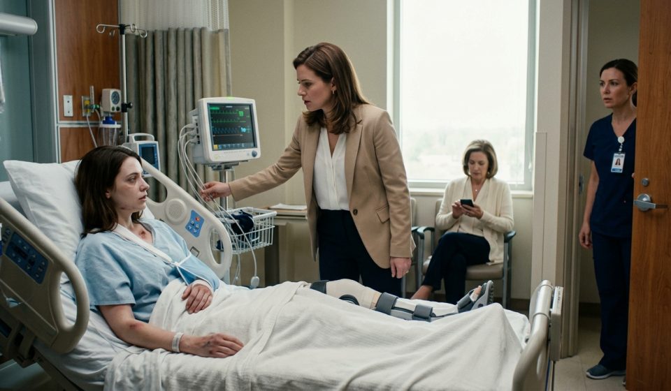 An injured woman lies in a hospital bed as her sister disconnects the bedside monitor, while a concerned nurse witnesses the incident from the doorway.