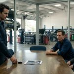 An automotive garage manager calmly faces dismissal as the owner points to a photograph accusing the employee of working weekends at another garage.