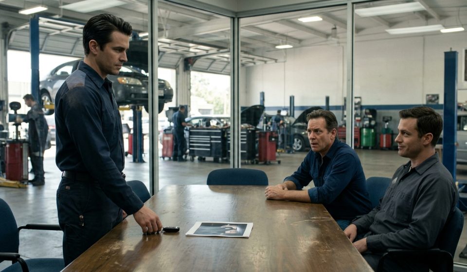 An automotive garage manager calmly faces dismissal as the owner points to a photograph accusing the employee of working weekends at another garage.
