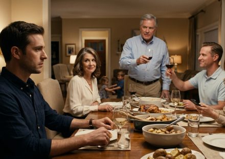 A stunned younger son sits at Sunday dinner while his father raises a glass to his favored older brother after announcing the family's inheritance decision.