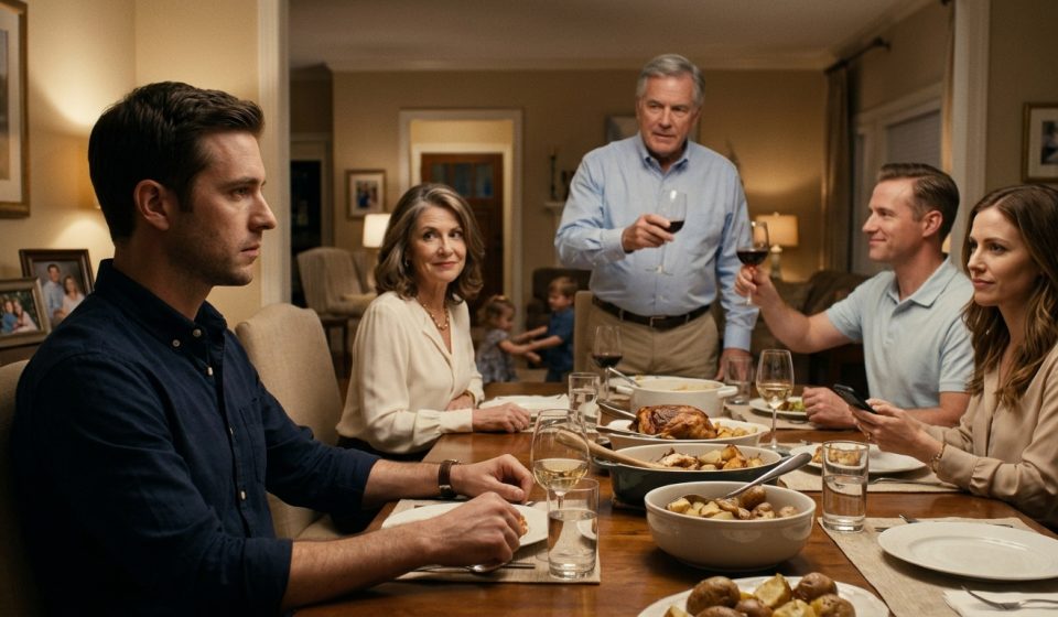 A stunned younger son sits at Sunday dinner while his father raises a glass to his favored older brother after announcing the family's inheritance decision.