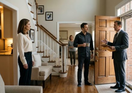 A calm professional woman watches her confused husband speak with a suited visitor holding an envelope at the entrance of their Charlotte home.