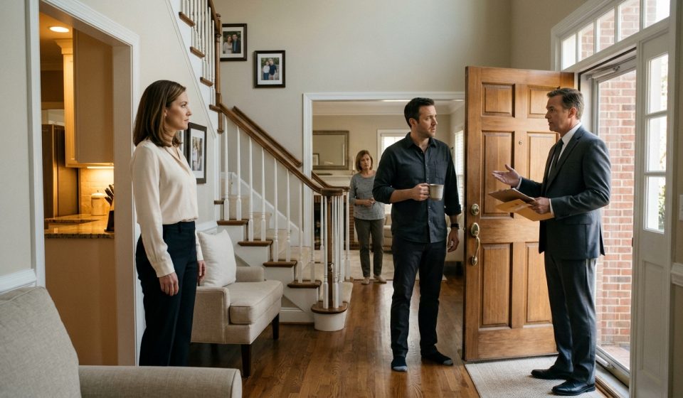 A calm professional woman watches her confused husband speak with a suited visitor holding an envelope at the entrance of their Charlotte home.