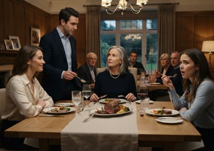 Mother sitting calmly at a family dinner as her son announces plans to give her cottage to his wife