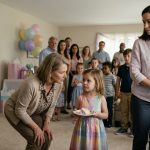 An adoptive mother stands beside a birthday cake as her mother-in-law crouches to speak with a confused four-year-old girl during a family birthday party.