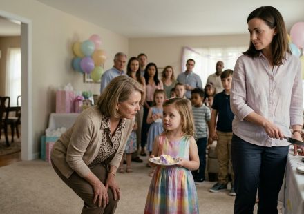 An adoptive mother stands beside a birthday cake as her mother-in-law crouches to speak with a confused four-year-old girl during a family birthday party.