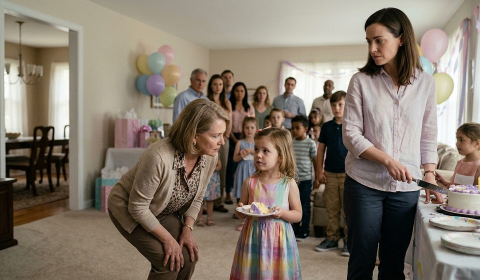 An adoptive mother stands beside a birthday cake as her mother-in-law crouches to speak with a confused four-year-old girl during a family birthday party.
