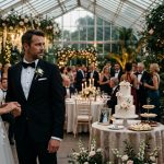 A groom and his bride stand at their elegant botanical garden wedding reception while his younger sister Chloe watches angrily in a gold dress.