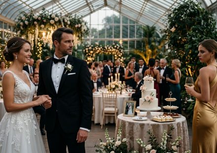 A groom and his bride stand at their elegant botanical garden wedding reception while his younger sister Chloe watches angrily in a gold dress.