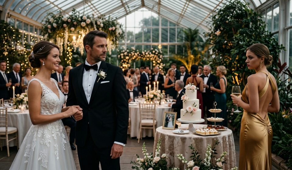 A groom and his bride stand at their elegant botanical garden wedding reception while his younger sister Chloe watches angrily in a gold dress.
