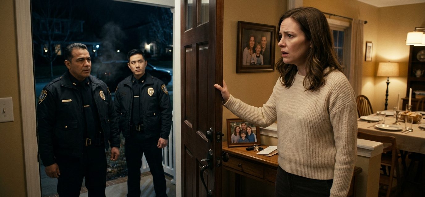 A grieving mother stands in the doorway of her family home as two police officers deliver devastating news about her husband and son.