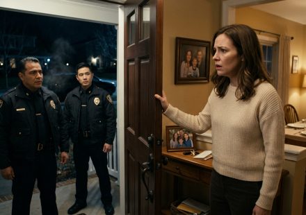 A grieving mother stands in the doorway of her family home as two police officers deliver devastating news about her husband and son.